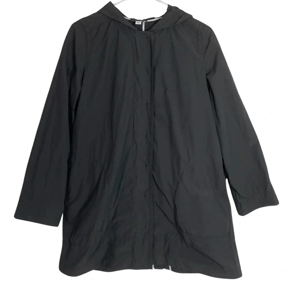 Eileen Fisher Jacket Womens Small Windbreaker Hooded Grey Lightweight Zip Up